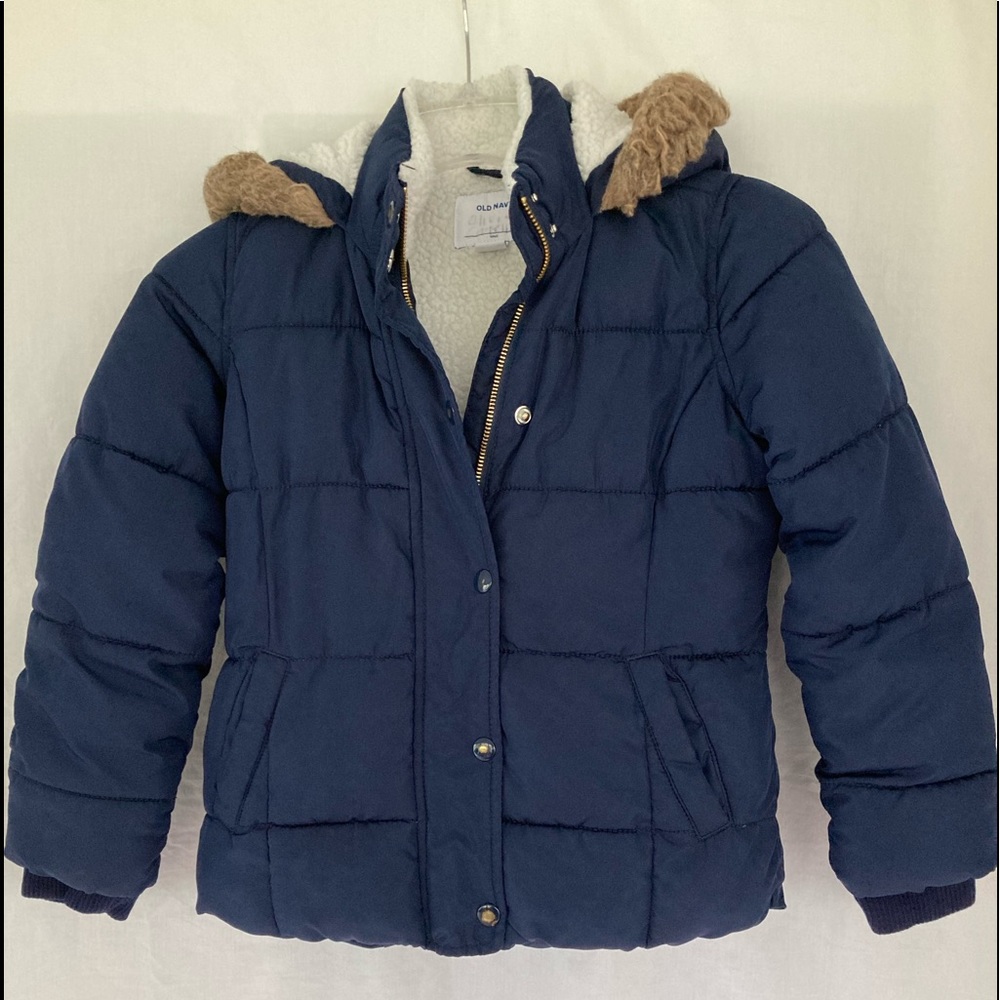 Girls Old Navy Puffy Medium (8) Jacket Blue Hood Faux Fur Sherpa Lined Zip-Up